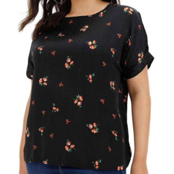 Capsule Black Satin Floral Curved Hem Top Size EU 45-US 14 - Picture 1 of 5